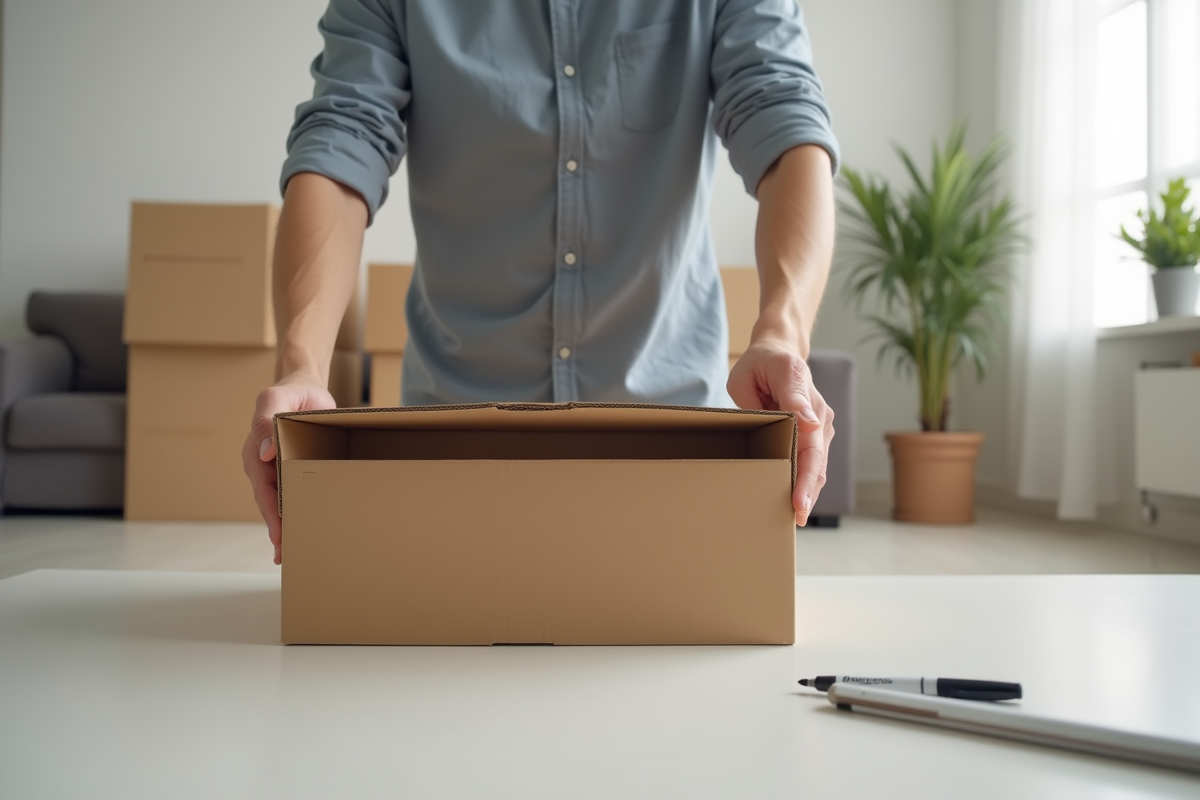 Personne pliant une boîte en carton vide dans un salon lumineux