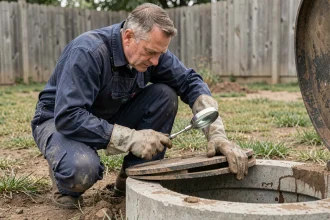 Plombier inspectant un drain de fosse septique saturé dans un jardin résidentiel