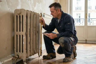 Plombier inspectant les fixations murales d'un radiateur en fonte dans un appartement haussmannien