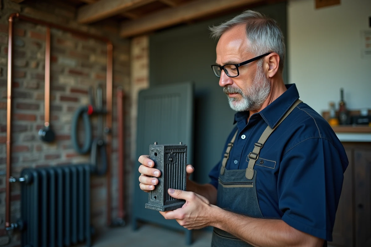 Plombier inspectant un pied de radiateur en fonte dans un atelier de chauffage avant installation