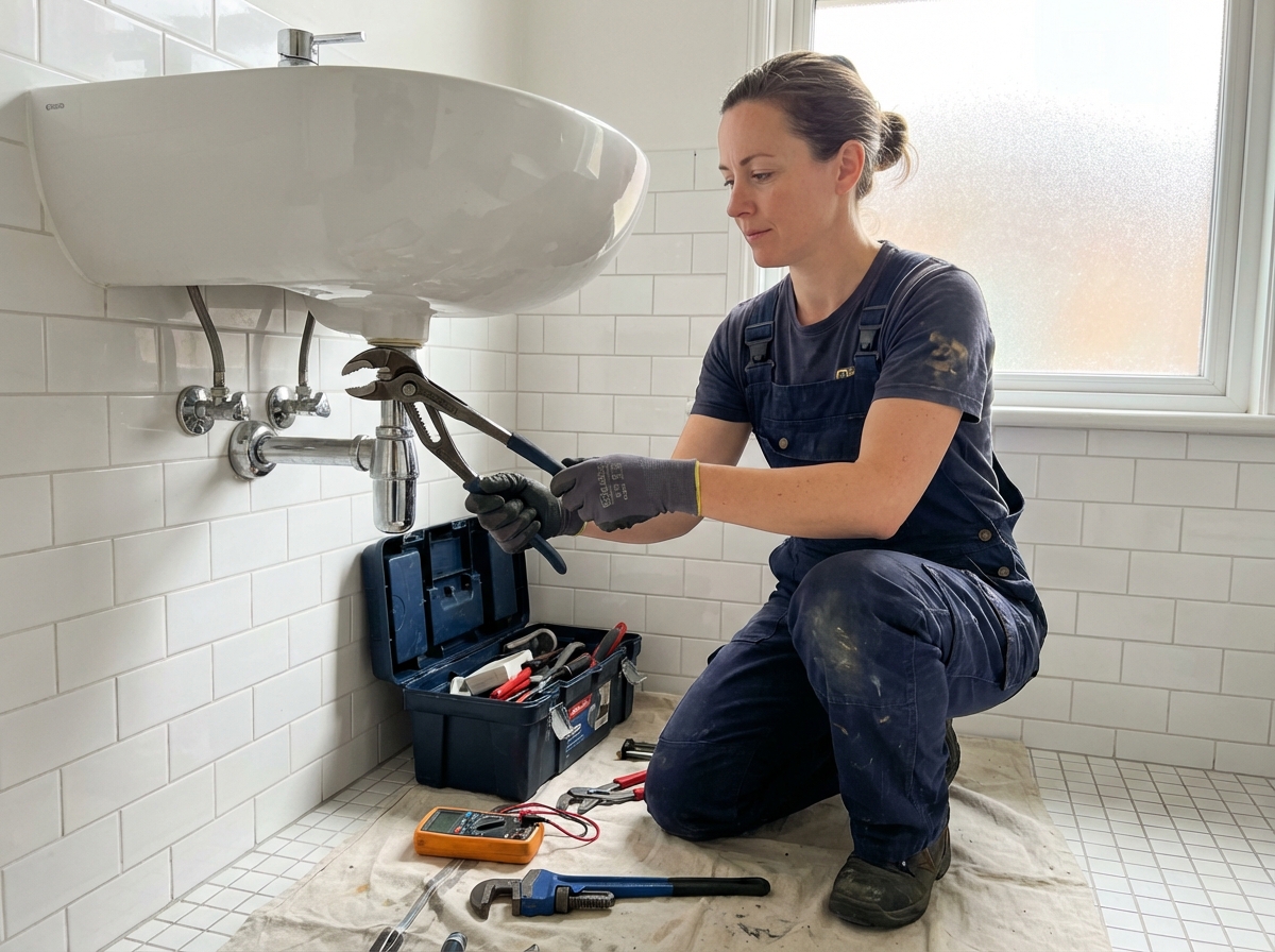 Plombière professionnelle inspectant un lavabo dans une salle de bain