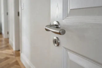 Poignée de porte intérieure en chrome brossé avec mécanisme de serrure visible sur une porte blanche en appartement moderne