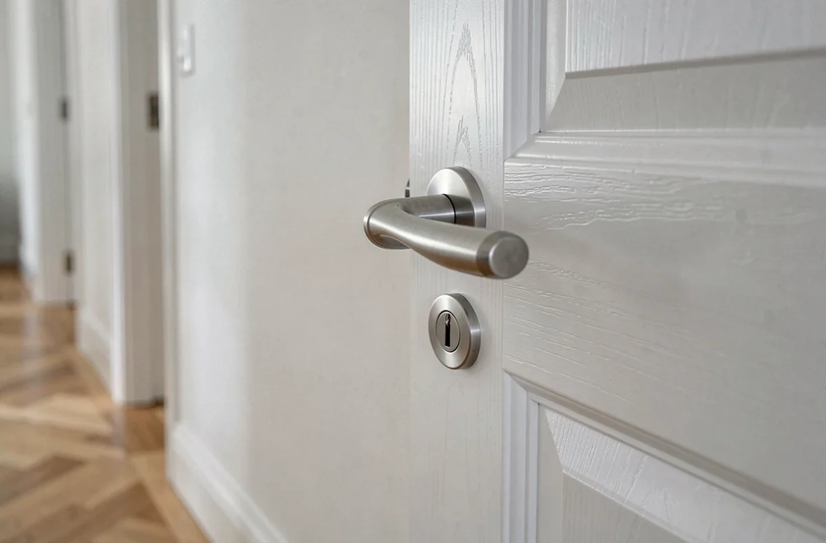 Poignée de porte intérieure en chrome brossé avec mécanisme de serrure visible sur une porte blanche en appartement moderne
