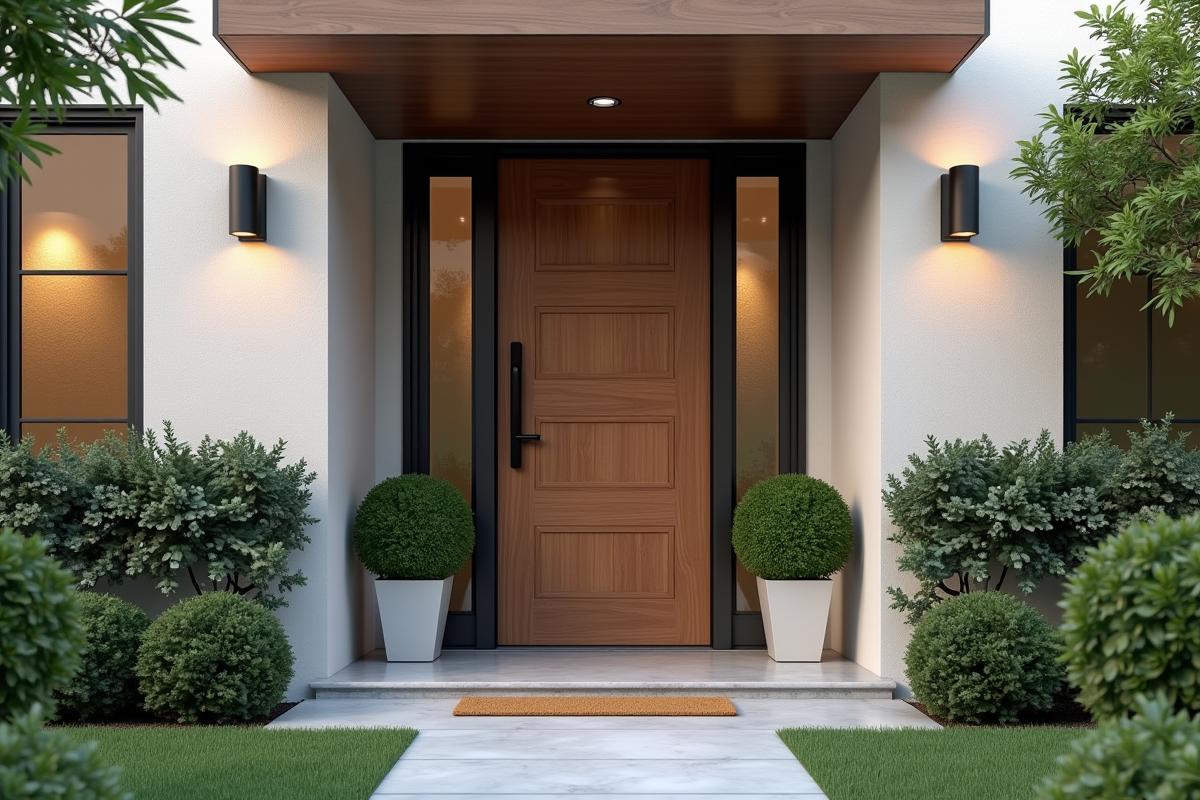Porte d'entrée moderne avec plantes et éclairage extérieur