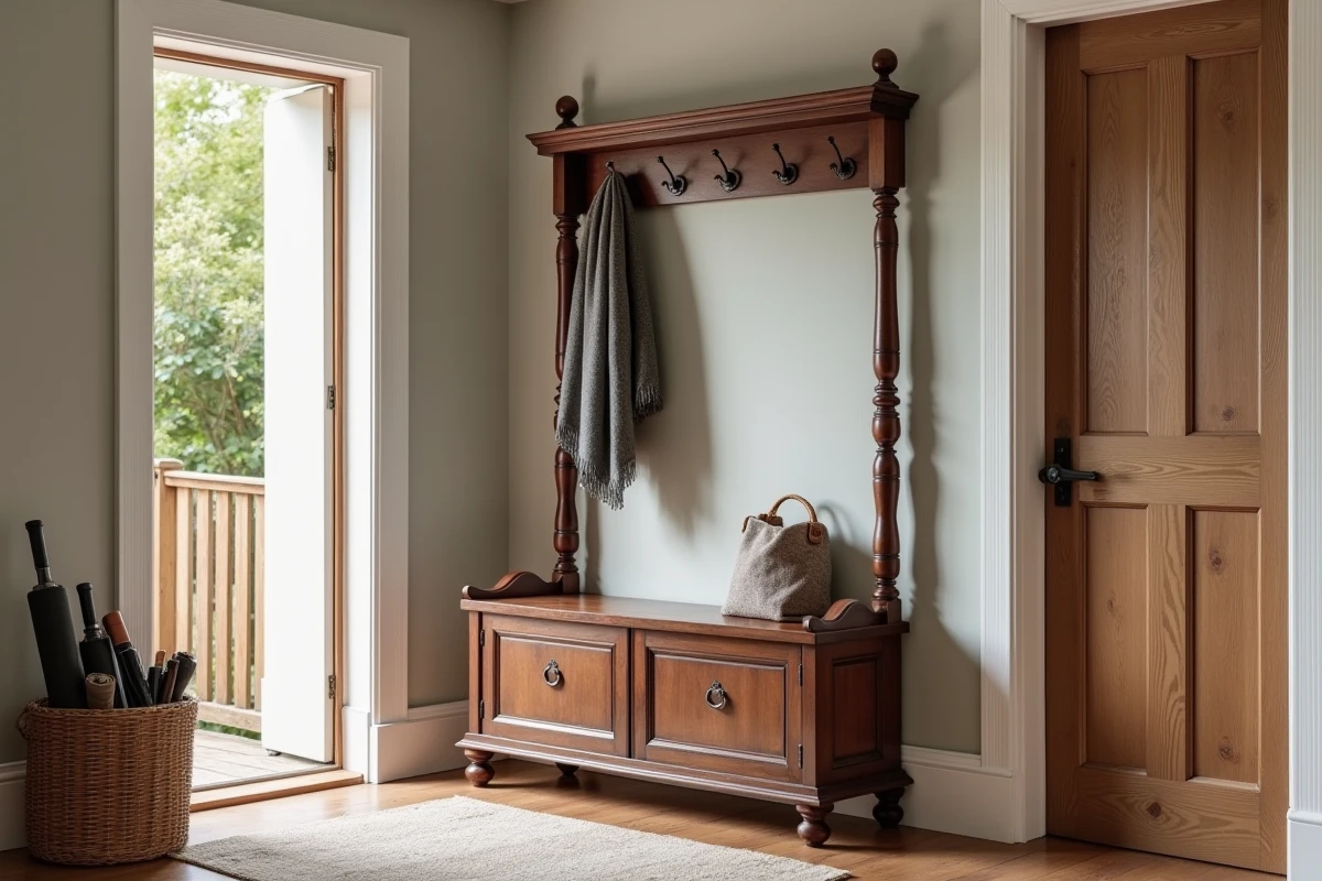 Porte-manteau et banc ancien en bois châtaignier dans une entrée avec porte ancienne entrouverte