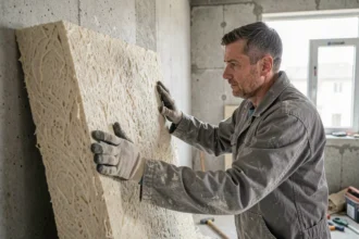 Ouvrier posant une plaque d'isolation thermique et acoustique sur un mur en béton lors de travaux de rénovation intérieure