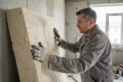 Ouvrier posant une plaque d'isolation thermique et acoustique sur un mur en béton lors de travaux de rénovation intérieure