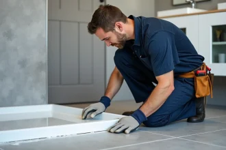 Plombier appliquant un joint d'étanchéité silicone autour d'un receveur de douche extra plat encastré dans un sol en carrelage gris moderne