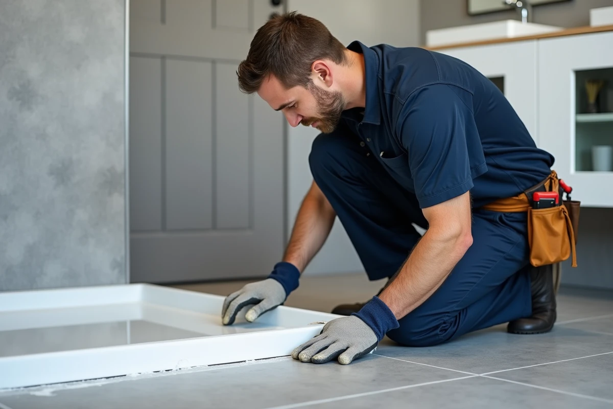 Plombier appliquant un joint d'étanchéité silicone autour d'un receveur de douche extra plat encastré dans un sol en carrelage gris moderne