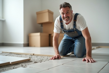 Hommes en overalls posant des carreaux dans un appartement