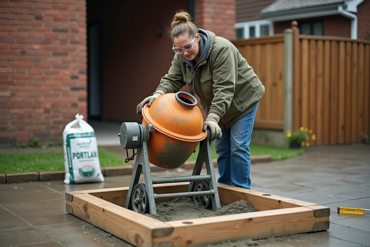 Femme utilisant une bétonnière électrique pour préparer du béton et réaliser une dalle à petit budget