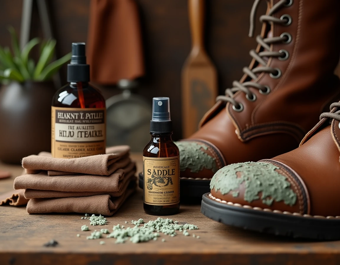 Produits spéciaux pour nettoyer le cuir moisi posés sur un établi de cordonnier avec des bottes abîmées