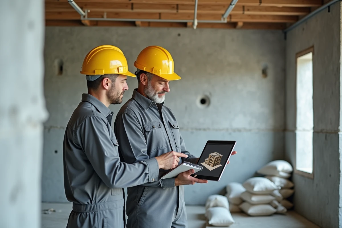Deux professionnels du bâtiment consultant un modèle 3D pour optimiser le calcul de béton prêt à l'emploi