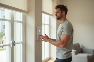 Homme programmant un volet roulant Somfy RTS en appuyant sur le bouton de programmation du boîtier mural dans un salon moderne
