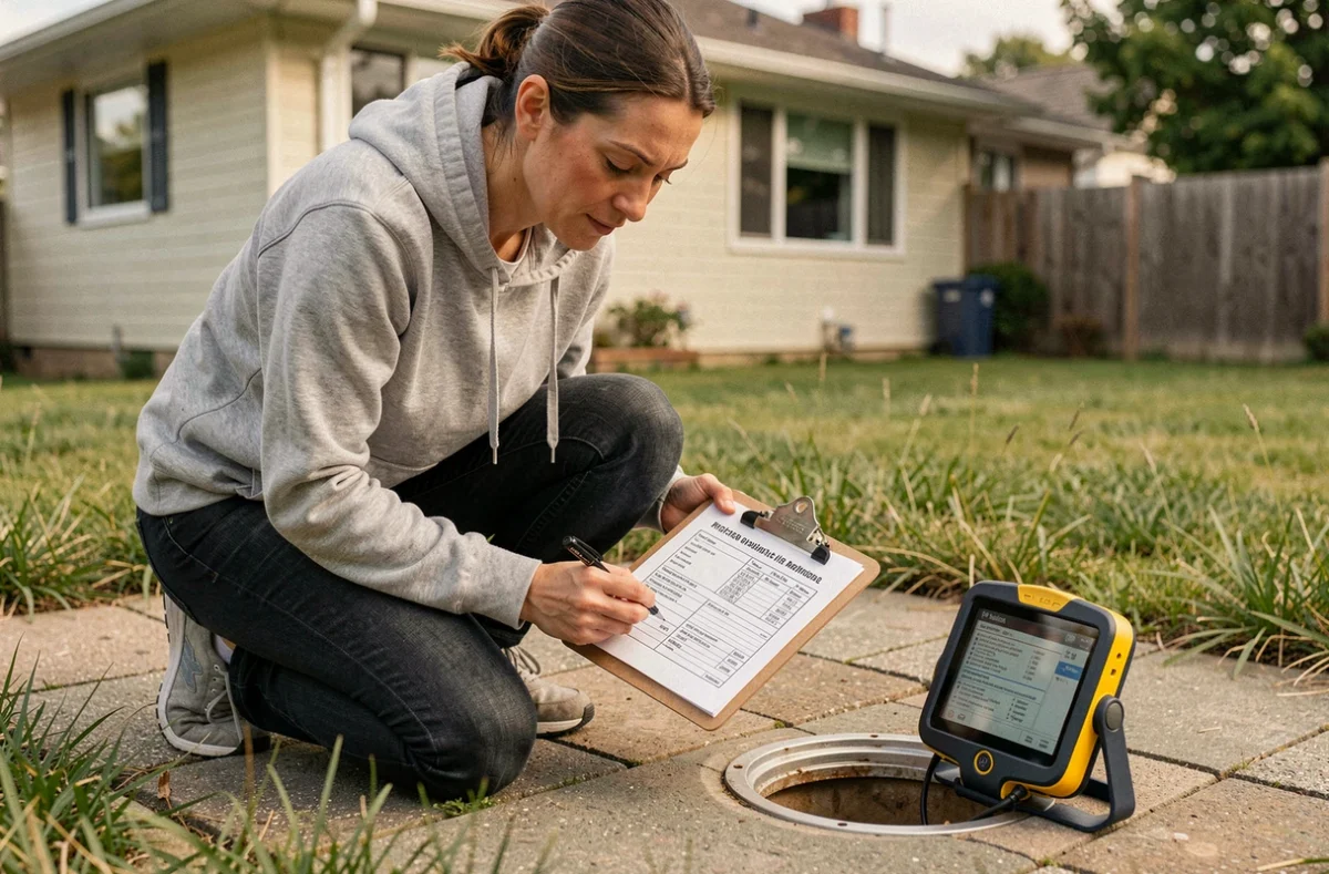 Propriétaire consultant une check-list de diagnostic pour fosse septique saturée dans son jardin