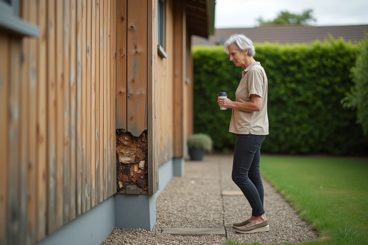 Propriétaire constatant une infestation de termites volants sur le bardage extérieur en bois de sa maison