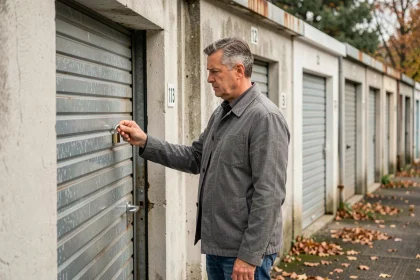 Propriétaire de box garage inspectant le cadenas de sa porte en métal dans une rangée de garages en béton