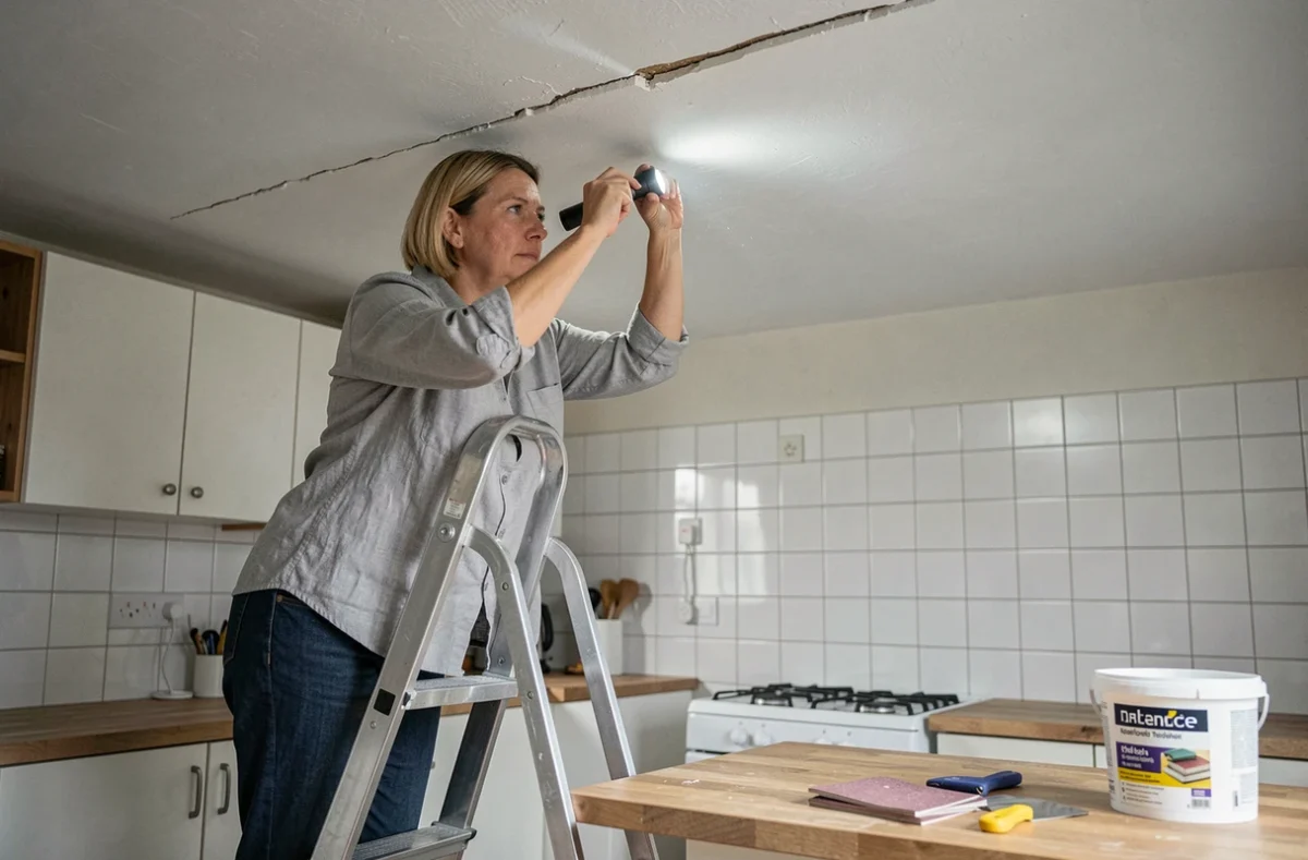 Propriétaire inspectant une fissure au plafond de sa cuisine sur un escabeau avant de procéder aux réparations pour la vente de son bien immobilier
