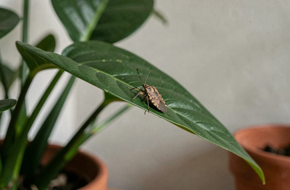 Punaise marron marchant sur une feuille de plante verte dans un salon