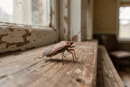 Punaise marron posée sur le rebord d'une fenêtre en bois à l'intérieur d'une maison