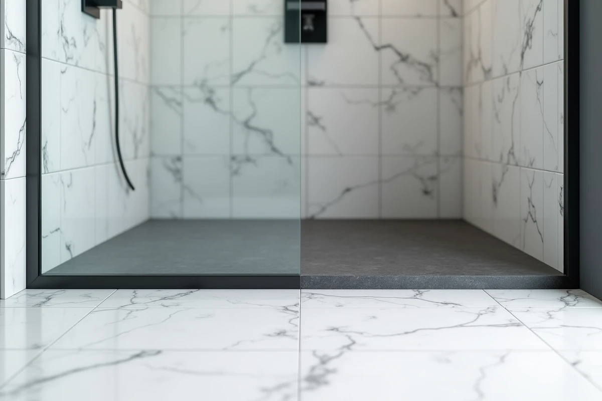 Salle de bain moderne avec receveur de douche extra plat anthracite affleurant le carrelage marbre blanc, installation étanche et design épuré