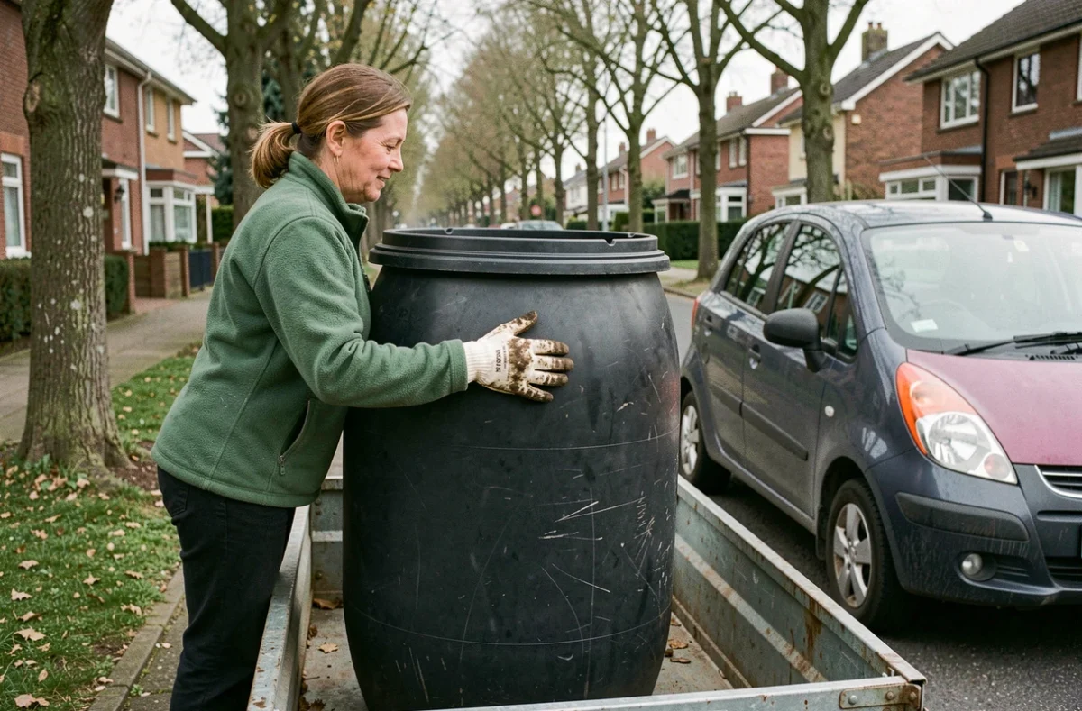 Une femme chargeant un fût récupéré de 200 litres sur une remorque utilitaire dans une rue résidentielle, illustration d'un troc de voisinage