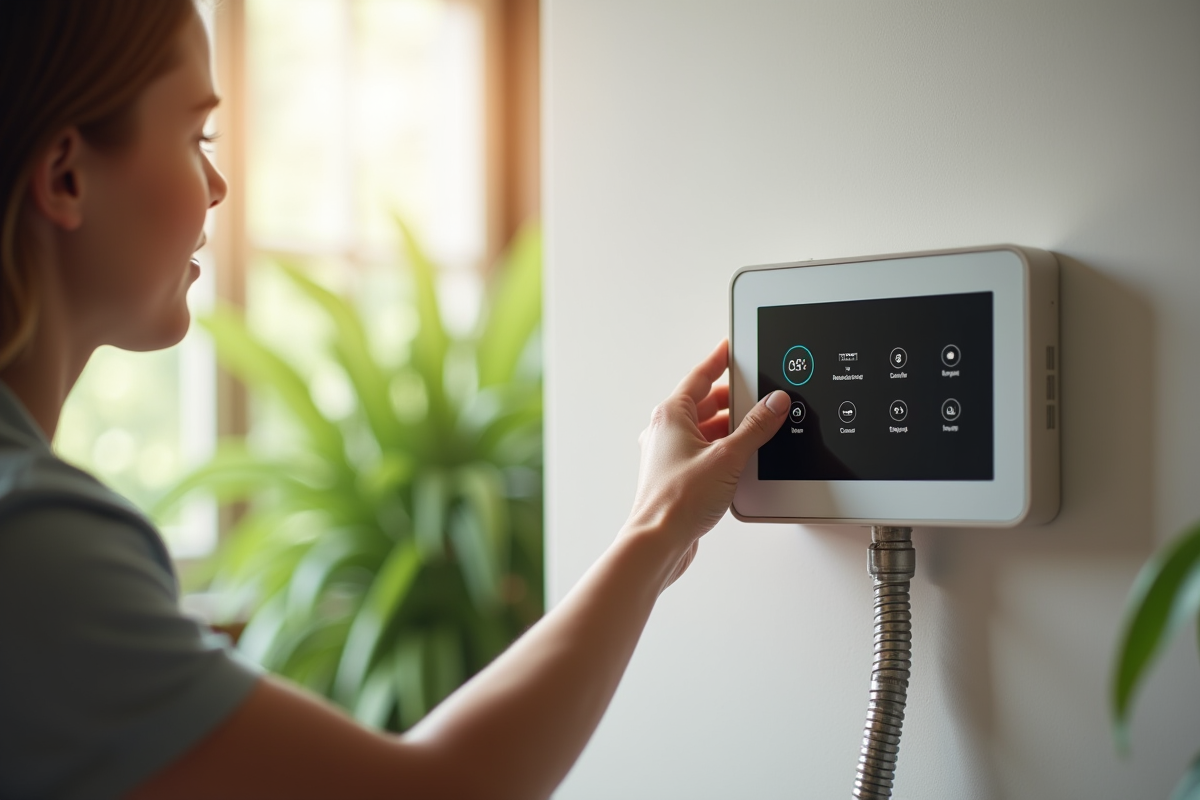 Personne ajustant le thermostat d un chauffe-eau intelligent