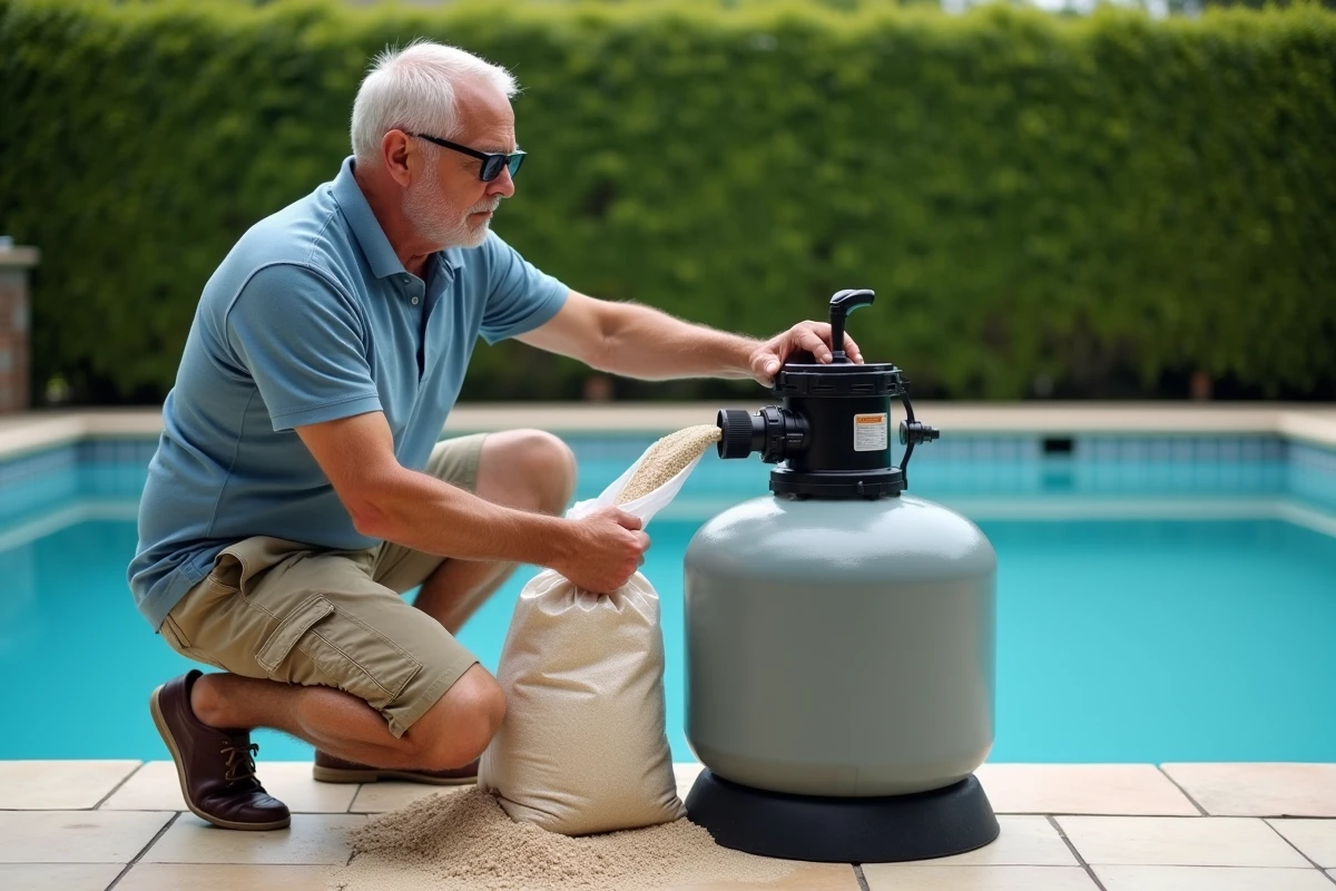 Homme remplissant un filtre de piscine avec du sable fin