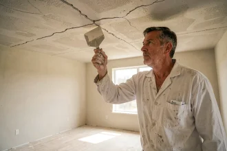 Artisan en train de réparer une fissure de plafond avec un enduit de rebouchage dans un appartement vide avant vente immobilière
