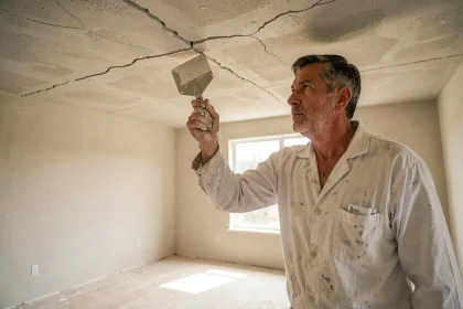 Artisan en train de réparer une fissure de plafond avec un enduit de rebouchage dans un appartement vide avant vente immobilière