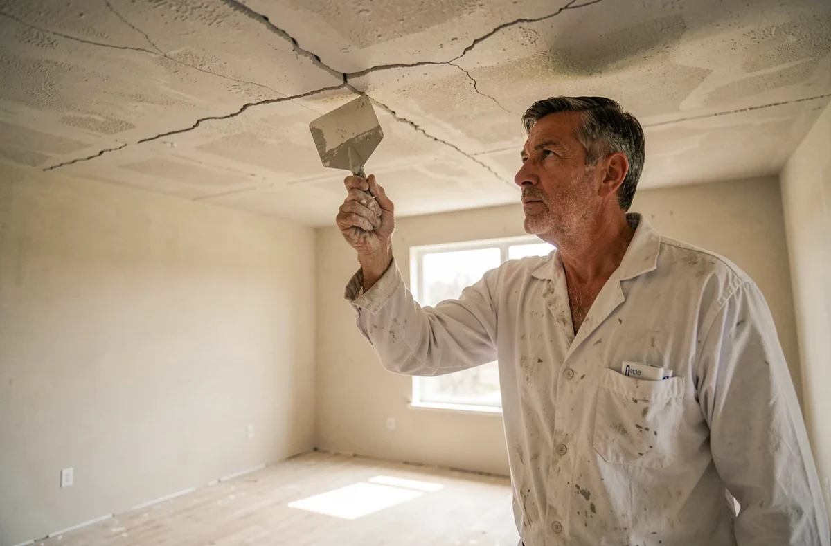 Artisan en train de réparer une fissure de plafond avec un enduit de rebouchage dans un appartement vide avant vente immobilière