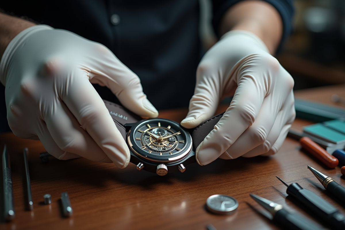 Horloger en blanc manipulant une montre Cluse sur un plan de travail