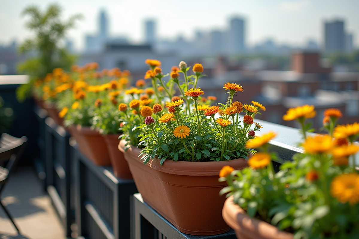Jardin urbain sur toit avec plantes en pot colorées