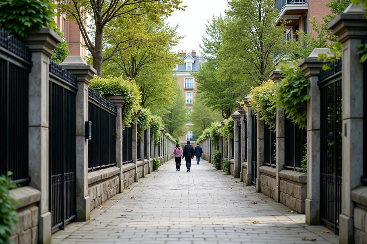 Rue résidentielle avec différentes clôtures en pierre et métal
