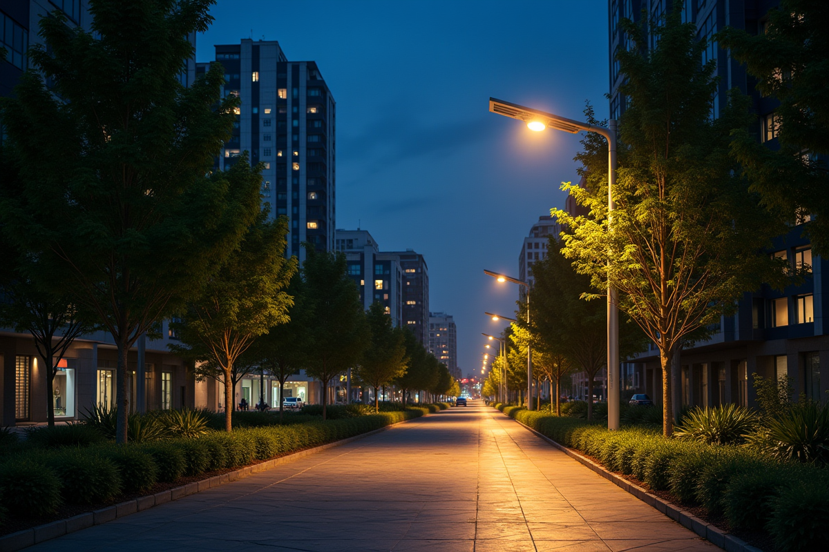 Rue urbaine avec lampadaires solaires durables la nuit