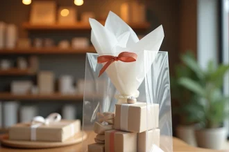 Sac cadeau transparent posé sur un comptoir de boutique avec ruban satin et papier de soie, idéal pour professionnels et particuliers