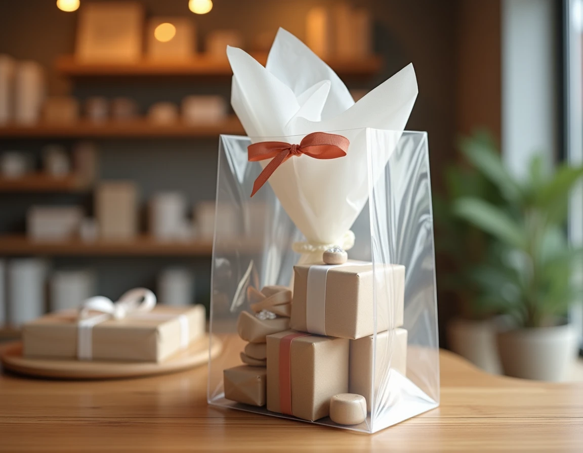 Sac cadeau transparent posé sur un comptoir de boutique avec ruban satin et papier de soie, idéal pour professionnels et particuliers