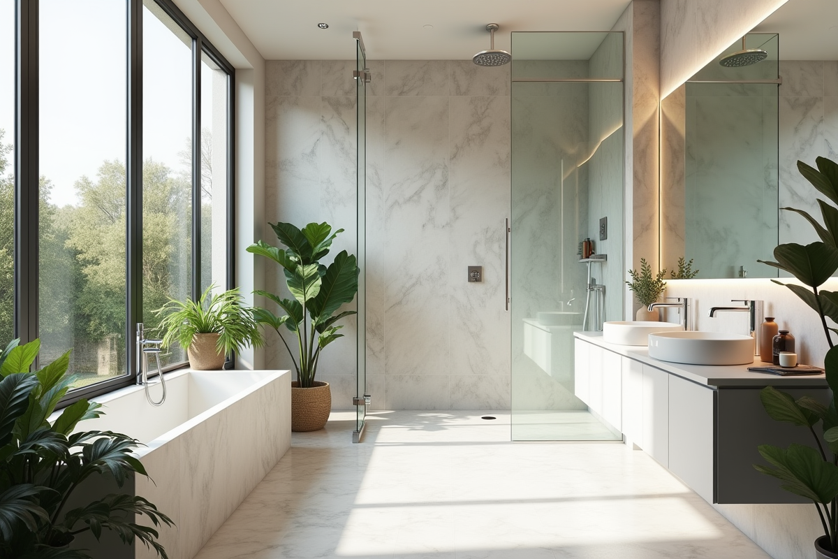 Salle de bain moderne avec douche spacieuse et lumière naturelle
