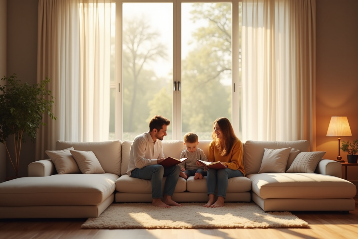 Famille lisant la Bible dans un salon lumineux