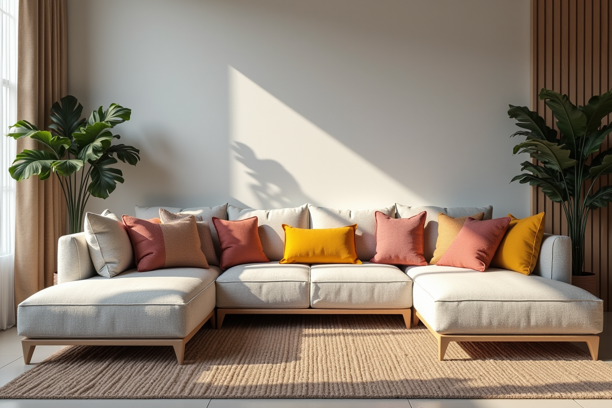 Salon moderne avec canapé et coussins colorés lumineux