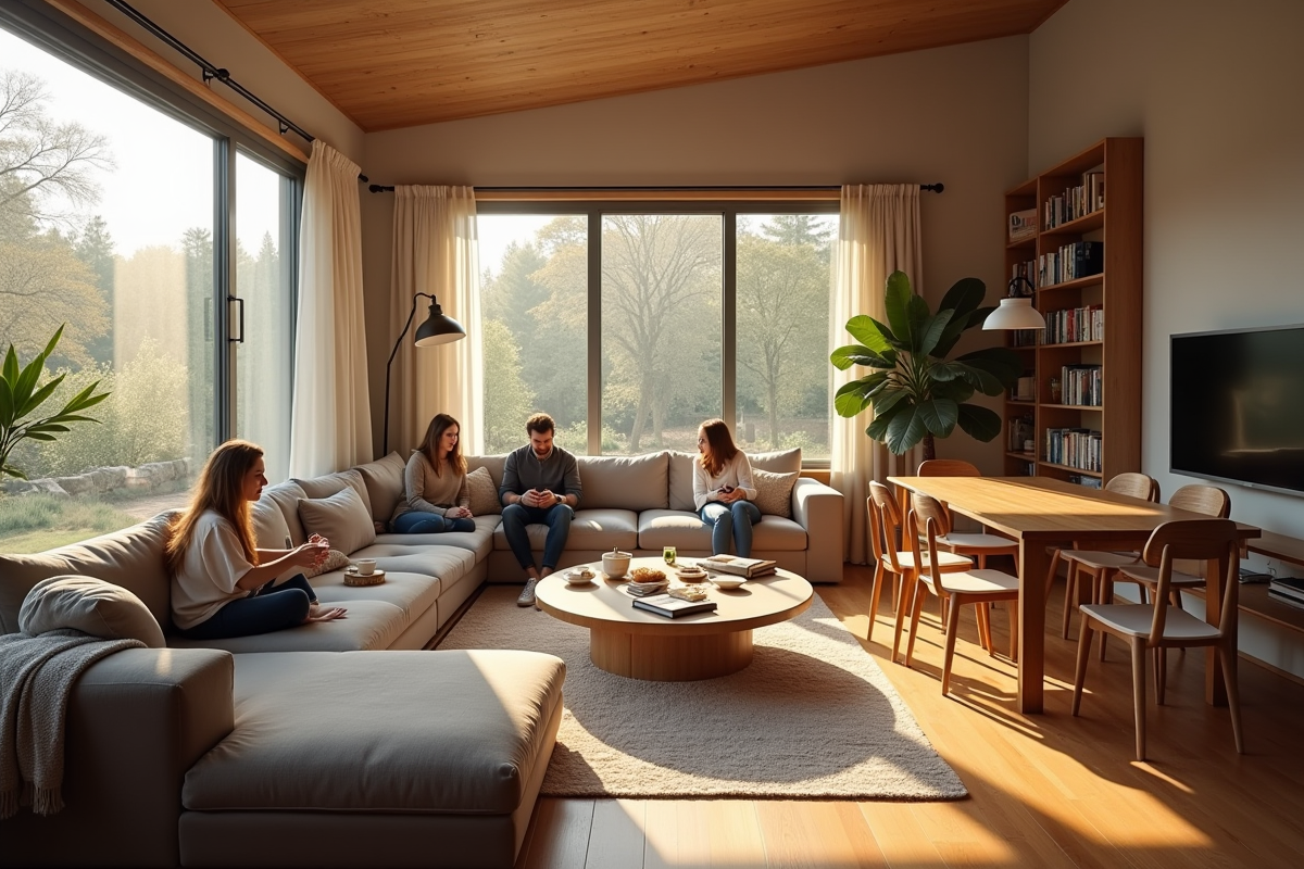 Salon moderne transformé en espace familial chaleureux