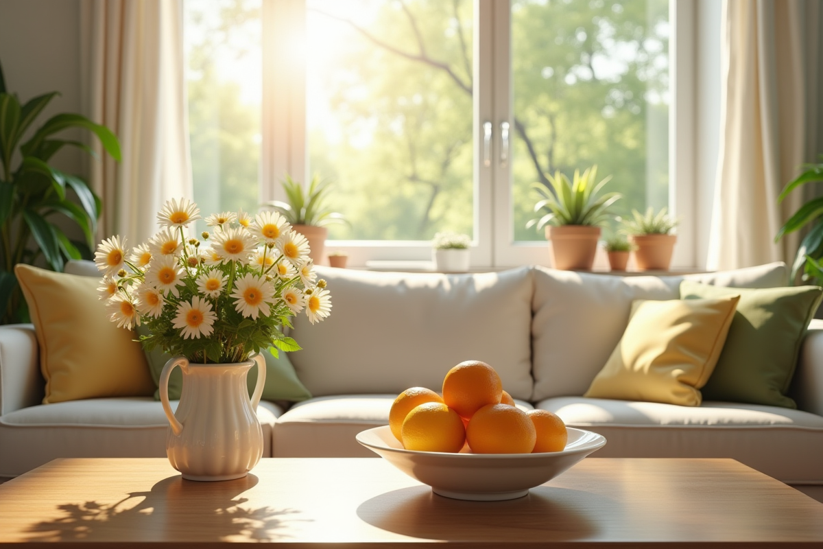Salon chaleureux avec lumière naturelle et plantes vertes