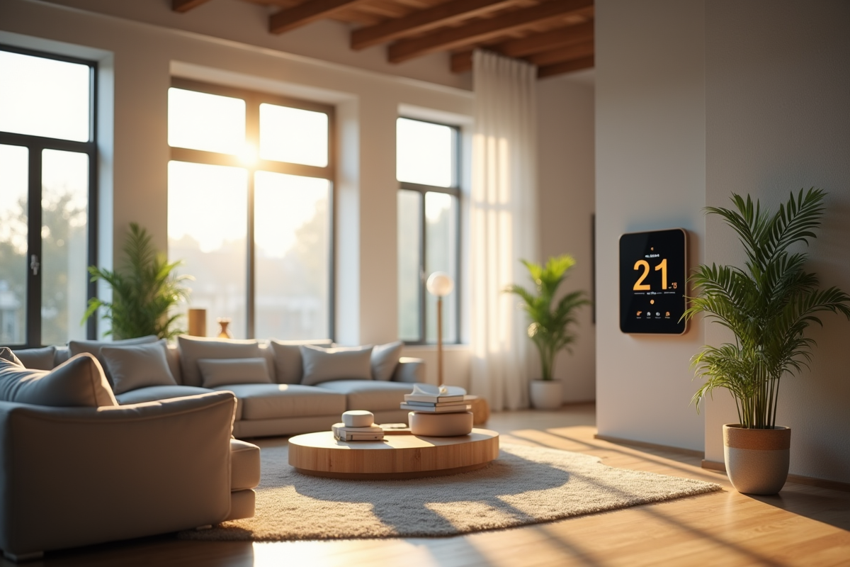 Salon loft moderne avec thermostat digital et plantes vertes