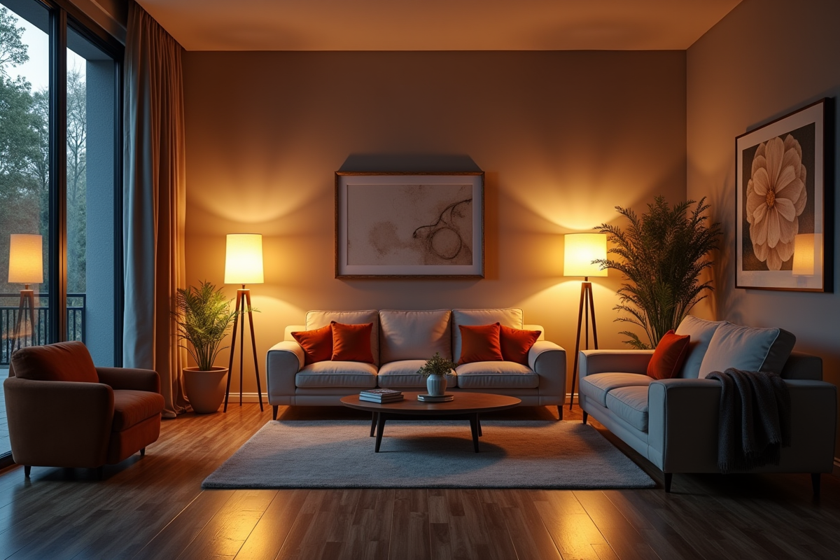 Salon moderne avec lampes design et éclairage ajustable