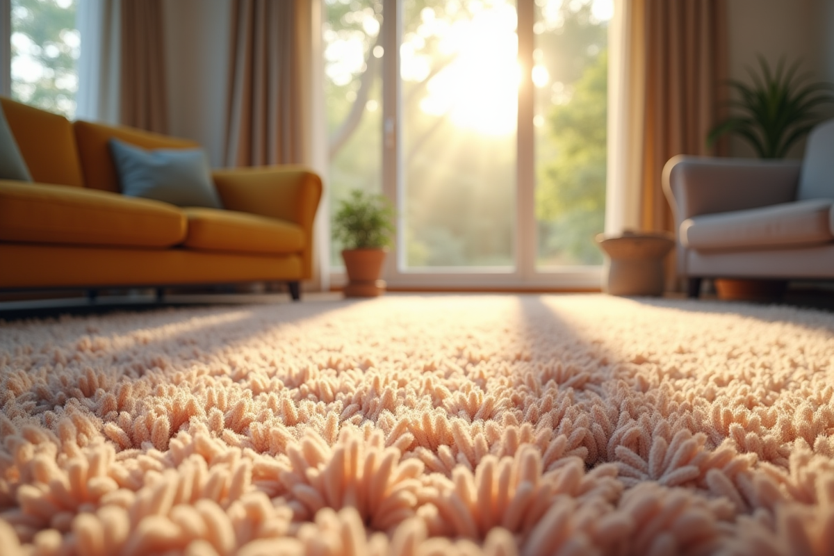 Salon moderne avec tapis lumineux et fibres colorées