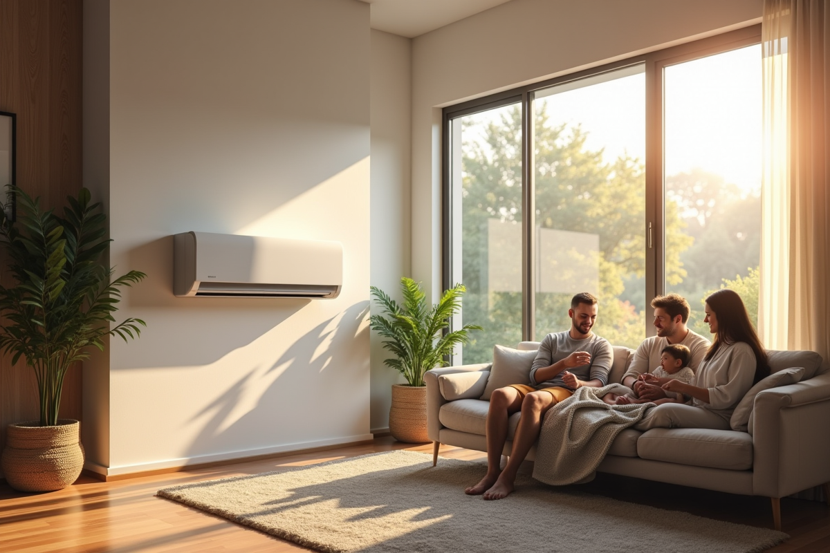 Salon moderne avec pompe à chaleur électrique et famille relaxant