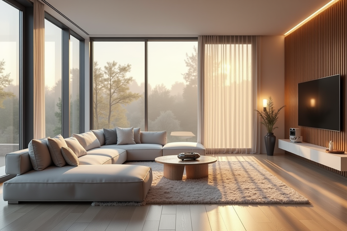 Salon moderne avec appareils connectes et lumières intelligentes