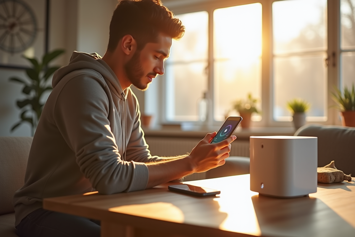 Salon moderne avec un jeune homme installant un hub smart home
