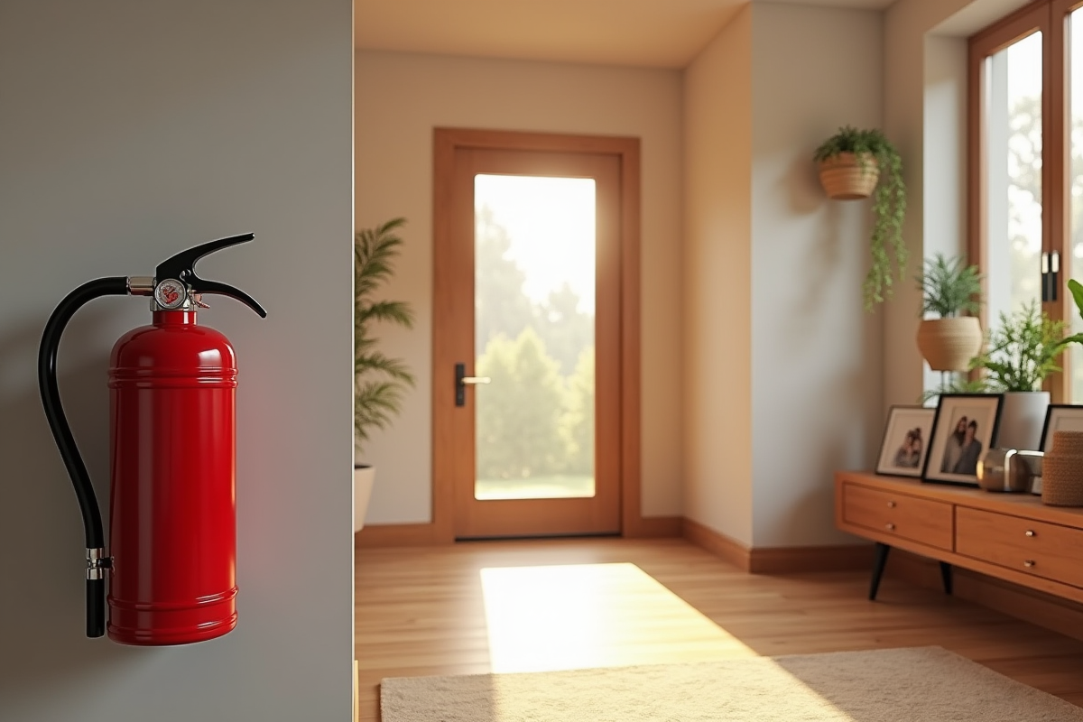 Salon moderne avec extincteur rouge à la porte d'entrée