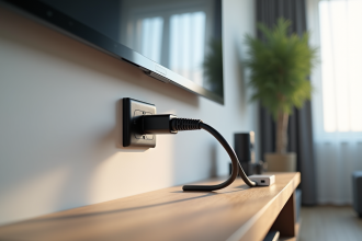 Salon moderne avec TV branchée en toute sécurité